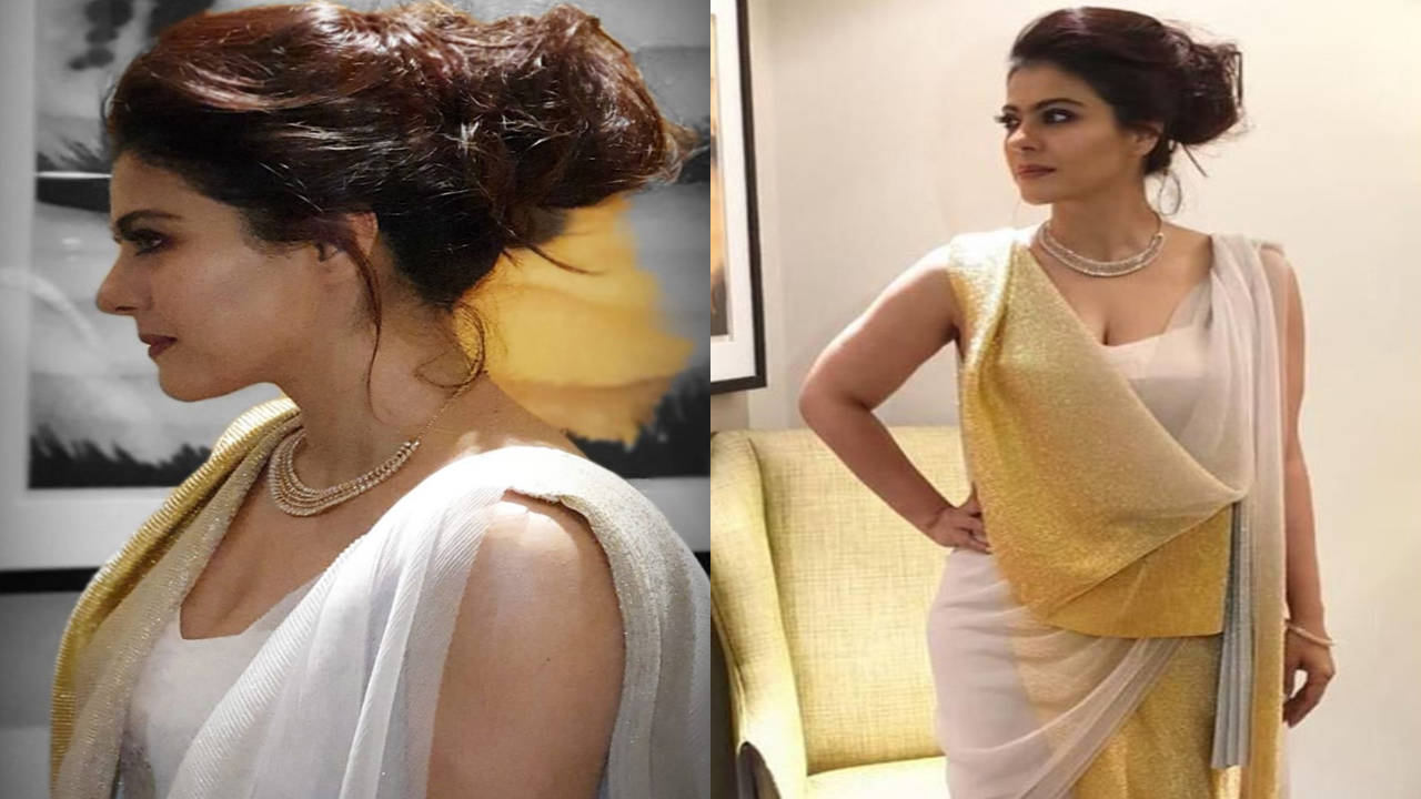 Kajol's pre-draped sari with lace corset blouse is perfect for