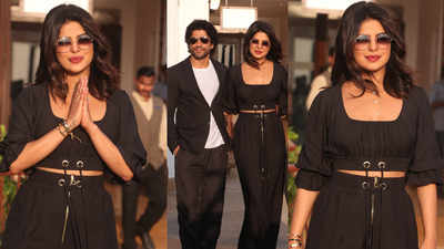 Priyanka Chopra oozes cool girl vibe as she twins with 'The Sky Is Pink' co-stars Farhan Akhtar and Rohit Saraf in black