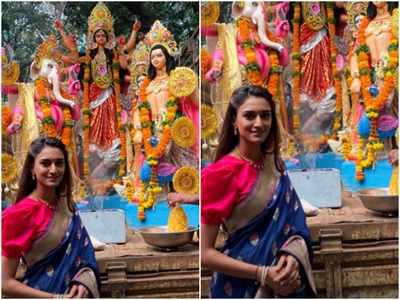 Kausatii Zindagii Kay's Erica Fernandes looks pretty in a sari for Durga maa's visarjan