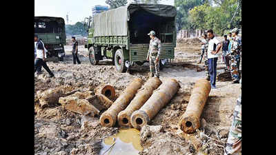 Workers dig out six cannons of British-era at Kasturchand Park