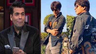 Shah Rukh Khan wears ' The Dust of Gods' jacket gifted by Karan Johar, says, 'somebody get me my heels'