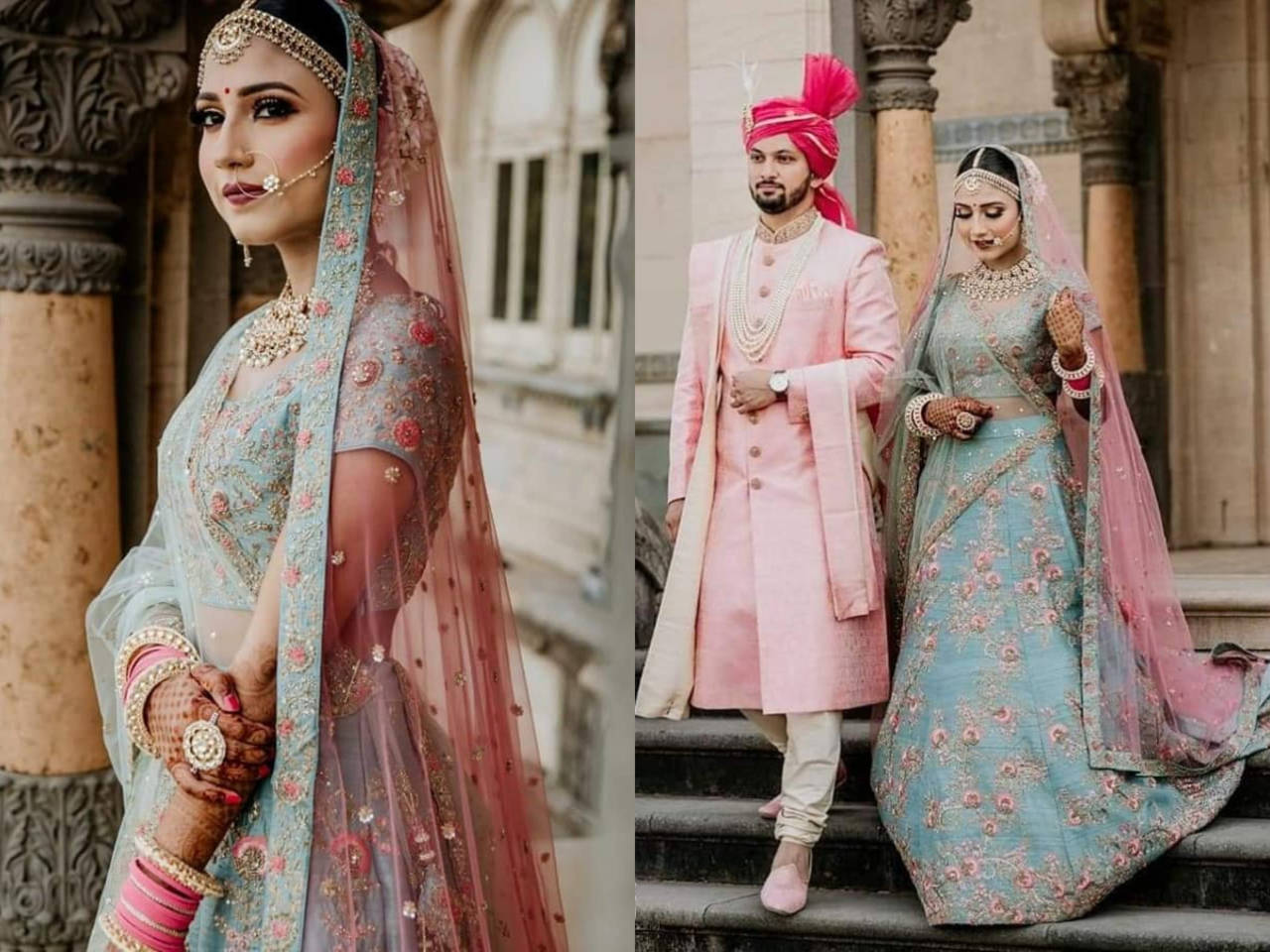 Buy Blue And Pink Reshamkari Embroidered Wedding Lehenga Choli In Canada