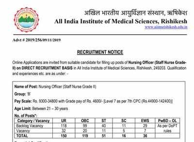AIIMS Rishikesh Nursing Officer recruitment 2019: Apply online at 