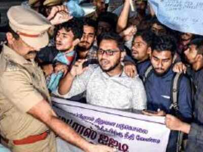 Campusfront of India members hold protest in front of IIT-M on Wednesday