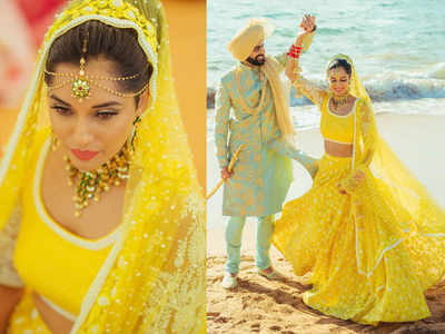 Trend alert! This bride wore a gorgeous YELLOW lehenga for her beach wedding