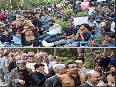 JNU students address a press conference even as teachers carry out a solidarity march on campus.