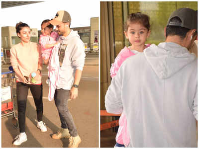 Inaaya Naumi Kemmu looks cute as a button as she gets papped at the airport with Soha Ali Khan and Kunal Kemmu