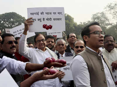 Congress protests at Parliament premises over rising onion prices