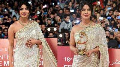 Priyanka Chopra sets hearts racing in golden sari after rocking a sleek white trouser suit at Marrakech International Film Festival
