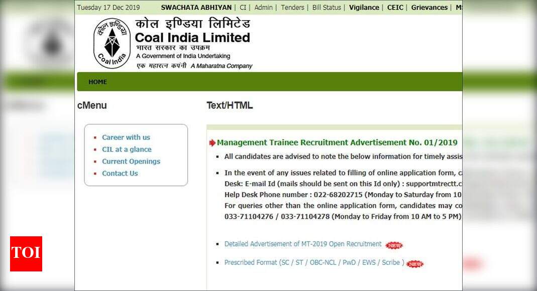 Coal India Management Trainee Recruitment 2019 Notification Released For 1326 Vacancies Times Of India