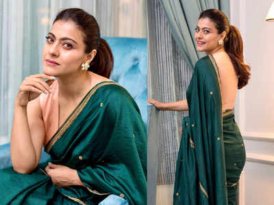 Kajol wore a gorgeous green sari with a nude blouse