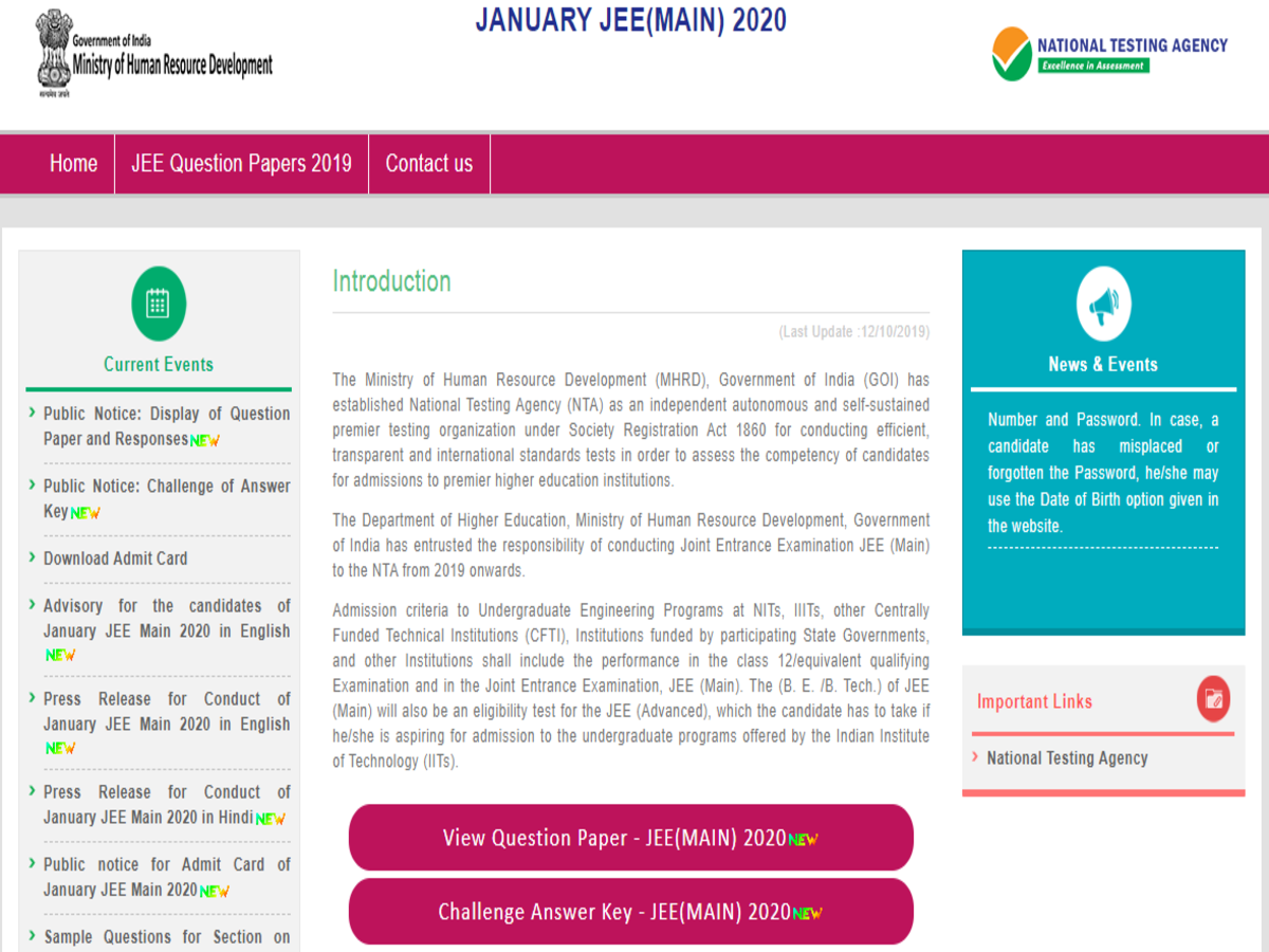 Jee Main Answer Key Nta Jee Mains 2020 Answer Key Released Jeemain Nta Nic In Here S Link
