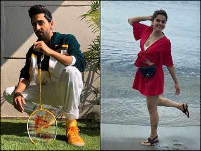 Ayushmann Khurrana looks stylish as he strikes a pose with a badminton racket but Taapsee Pannu’s hilarious comment has all our attention