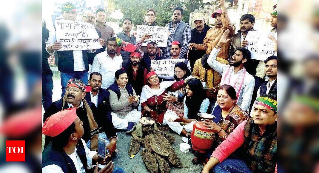 Chullahs, cylinders at Oppn stir against hike in LPG prices | Prayagraj ...