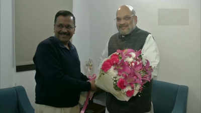 Delhi CM Arvind Kejriwal meets Union home minister Amit Shah at his residence