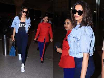 Photos: Deepika Padukone pairs crop denim jacket and jeans with white sneakers for her airport look!