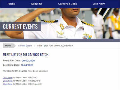 Indian Navy MR Merit List for April 2020 batch released; check here