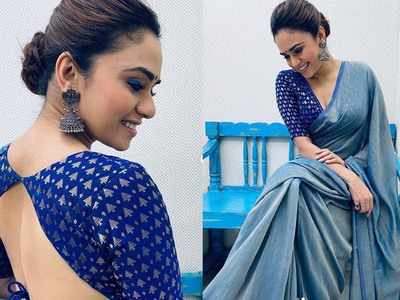 Amruta Khanvilkar personifies elegance as she stuns in a blue stylish saree