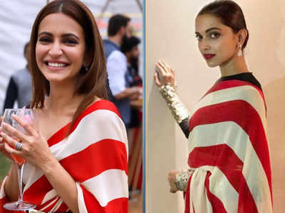 Kriti Kharbanda wore the same candy-striped sari that Deepika Padukone wore in 2018