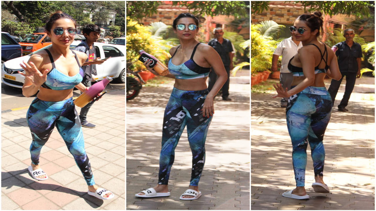 Malaika Arora In Skin Coloured Athleisure With Denim Jacket. See Pics