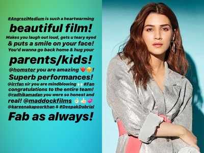 Kriti Sanon is all praise for Irrfan Khan and Radhika Madan starrer 'Angrezi Medium'