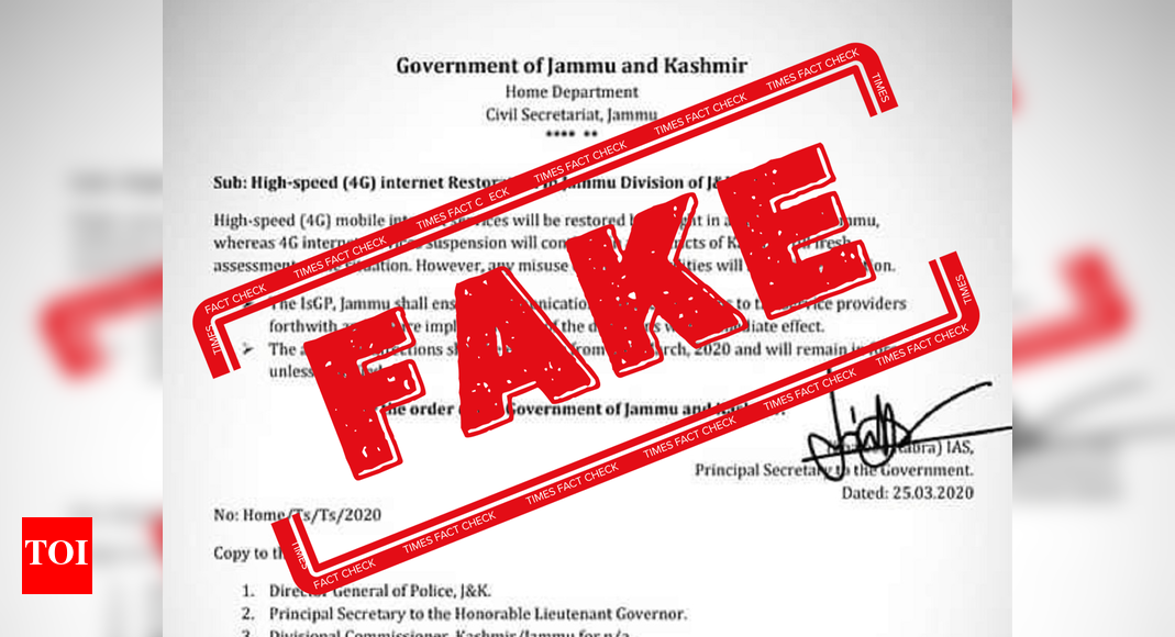 FAKE ALERT: Order claiming 4G internet to be restored in Jammu alone is fake FAKE ALERT: Order claiming 4G internet to be restored in Jammu alone is fake