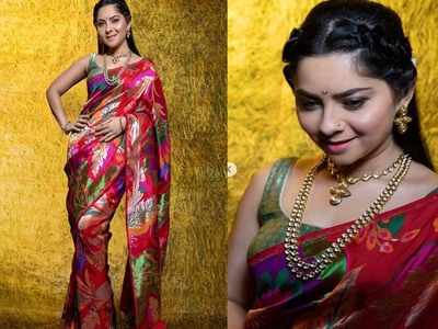Photos: Sonalee Kulkarni looks absolute delight as she strikes a pose in a multi-coloured saree