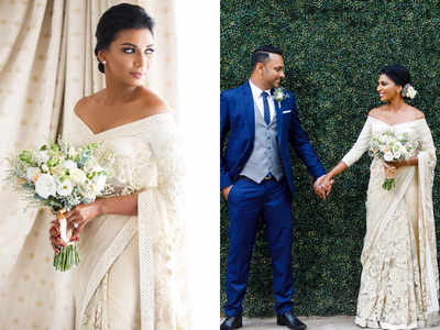 This Sri Lankan bride wore an off-white Indian sari for her wedding and she looked beautiful