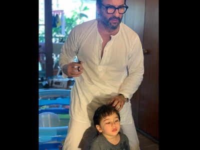 Kareena Kapoor Khan shares a click where papa Saif Ali Khan is playing hair stylist for son Taimur Ali Khan