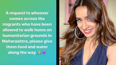 Shraddha Kapoor requests people to provide food and water to migrant workers