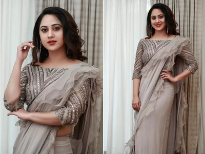 Grey Embroidered Ruffle Saree and Blouse – Sanya Gulati