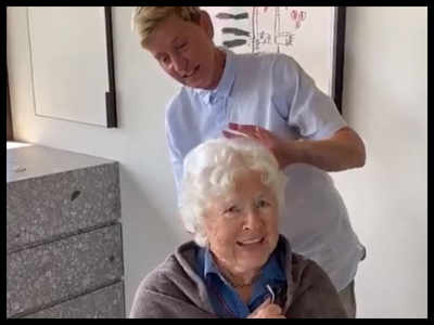 Ellen DeGeneres cuts mom's hair for 90th birthday