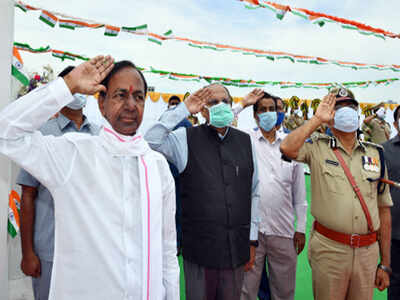 Telangana chief minister K. Chandrashekhar Rao salutes to the national flag after hoisting it on the Telangana Foundation Day at Pragathi Bhavan in Hyderabad on Tuesday. (ANI Photo)