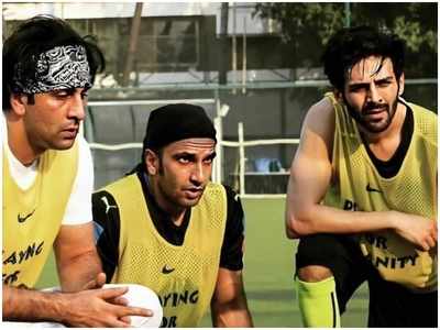 When Ranbir Kapoor, Ranveer Singh and Kartik Aaryan were snapped having an intense conversation on the football pitch; view picture