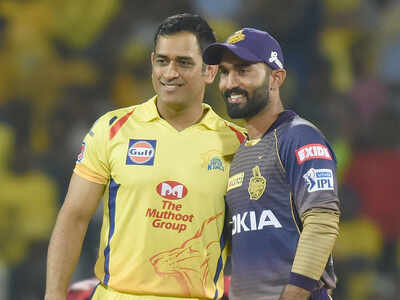 File photo of MS Dhoni and Dinesh Karthik before an IPL match between Chennai Super Kings and Kolkata Knight Riders (TOI Photo)