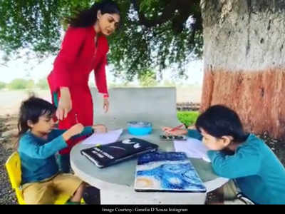 Genelia D Souza Shares A Glimpse Of Her Kids Studying In A Classroom Under A Tree I Feel So Satisfied To See This Happen Hindi Movie News Times Of India