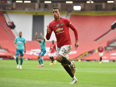 Manchester United's Mason Greenwood celebrates scoring their fourth goal. (Reuters Photo)