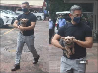Pictures: Aamir Khan's grey look is grabbing the attention as he gets spotted with his furry friend