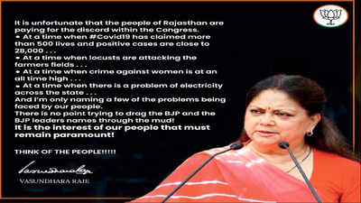 Rajasthan political crisis: People are paying for infighting within Congress, says Vasundhara Raje