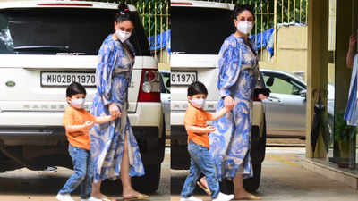 Spotted! Kareena Kapoor Khan rocks a blue midi dress while visiting sister Karisma Kapoor, Taimur Ali Khan looks cute in casuals