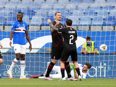 Ibrahimovic scores two, Donnarumma saves penalty in Milan win