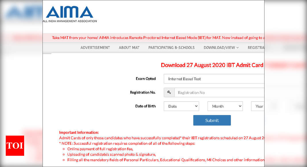 MAT Admit Card: AIMA Releases MAT 2020 September Session IBT Mode Admit ...