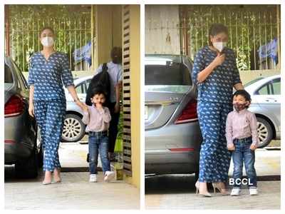 Mother-to-be Kareena Kapoor Khan snapped outside sister Karisma Kapoor's residence with son Taimur; view pictures