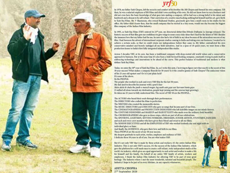 50 Yrs Of Yrf Aditya Chopra Remembers Late Father Yash Chopra Extended Thanks To Entire Film Industry Hindi Movie News Times Of India