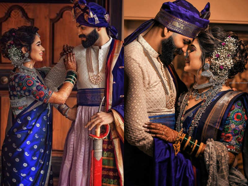 This bride wore a blue Nauvari sari with silver jewellery for her ...