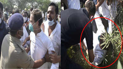 Rahul Gandhi manhandled, falls during scuffle with cops while marching towards Hathras