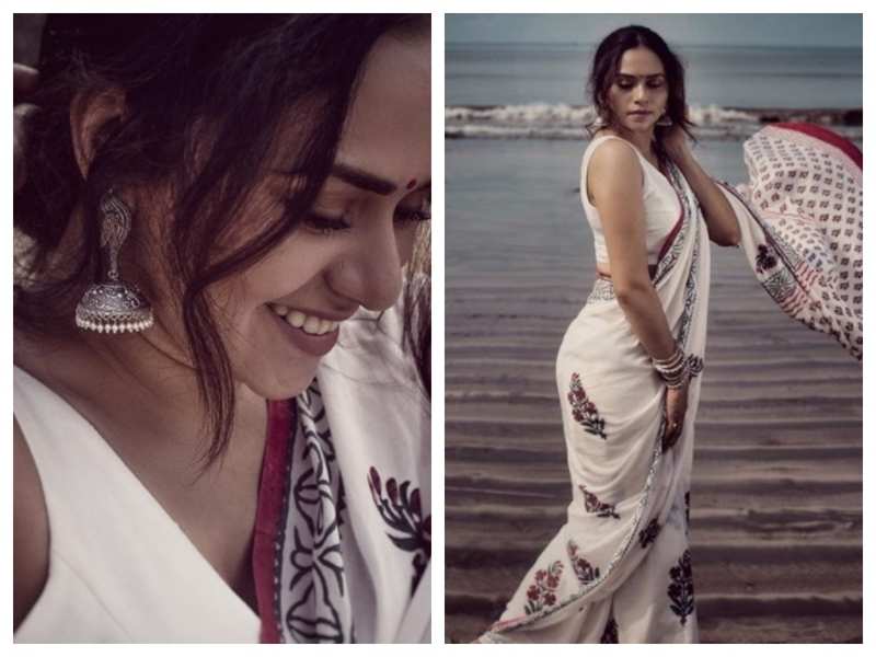 Photos: Amruta Khanvilkar slays it in her white floral saree | Marathi Movie News - Times of India