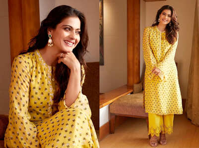 Kajol's yellow printed kurta with pants design is perfect for the festive season