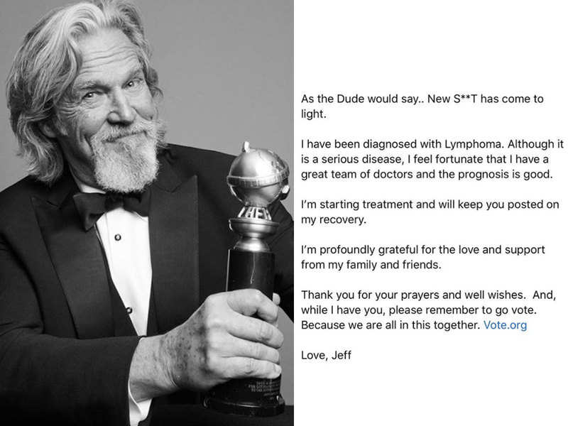 'Iron Man' star Jeff Bridges announces he has been diagnosed with lymphoma