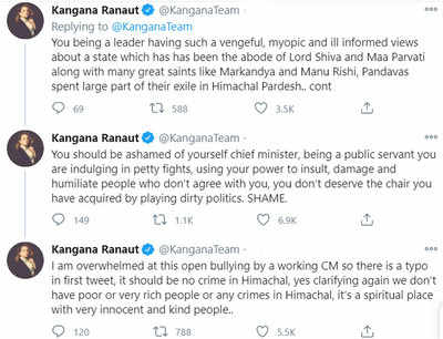 Kangana Ranaut Claps Back At Maharashtra Cm Uddhav Thackeray Says She Is Overwhelmed At This Open Bullying Hindi Movie News Times Of India